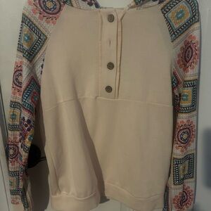 Women's Cream and Multicolor Patterned Hoodie